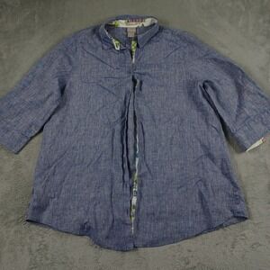 Chicos Top‎ Womens 3 Blue Linen Preppy Tunic Casual Chic Button Up